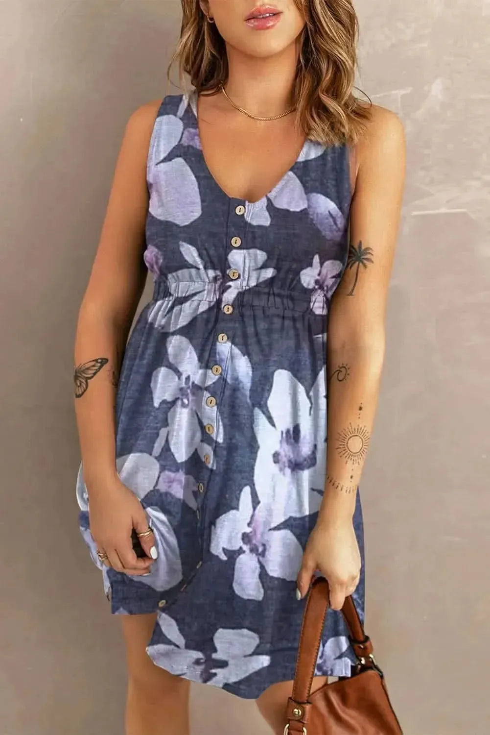 Buttoned Round Neck Sleeveless Mini Magic Dress - Bad Moms Club