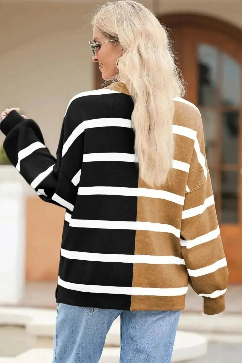 Striped Round Neck Long Sleeve Knit Top - Bad Moms Club