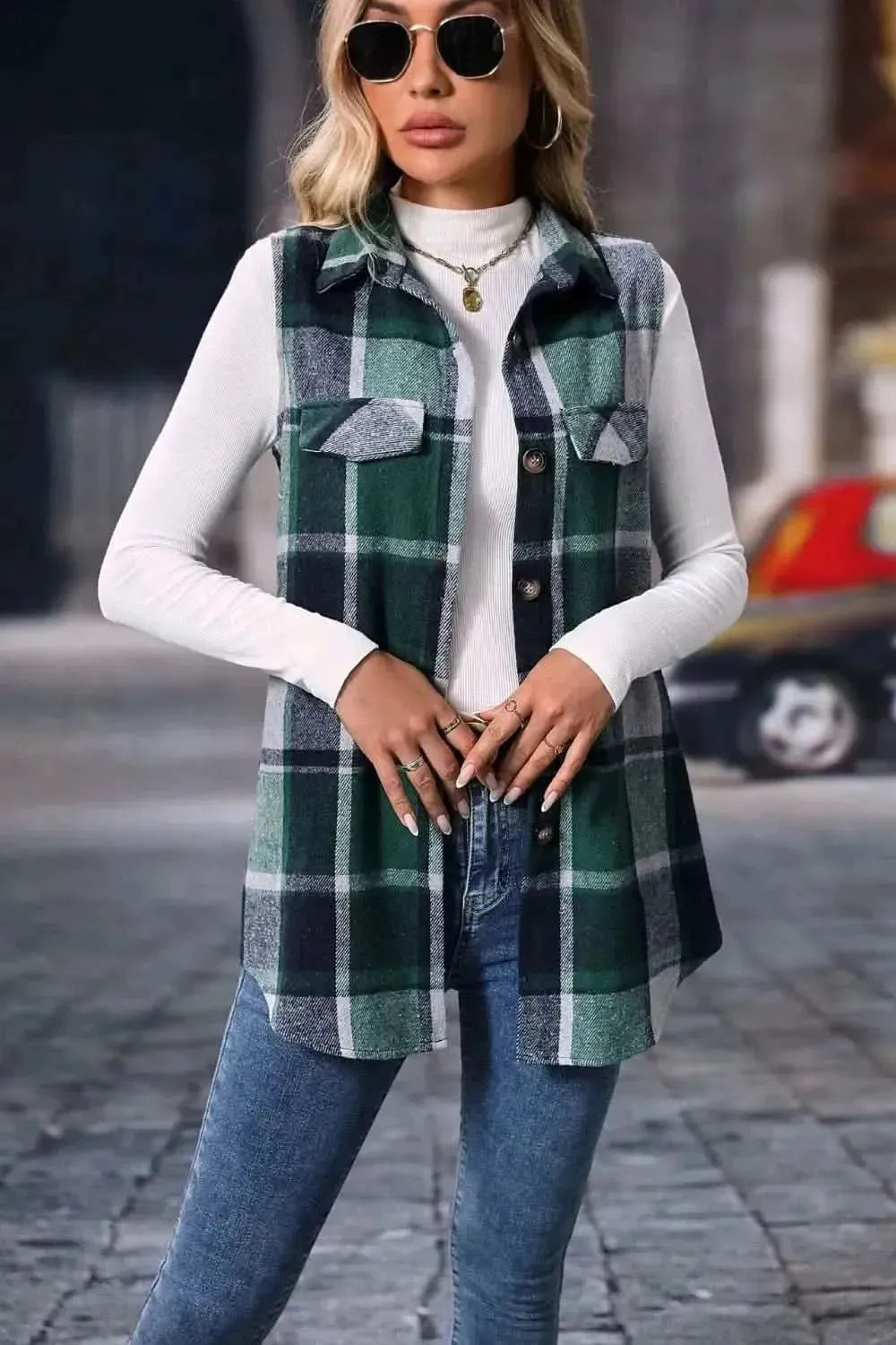 Plaid Button Up Vest Coat - Bad Moms Club