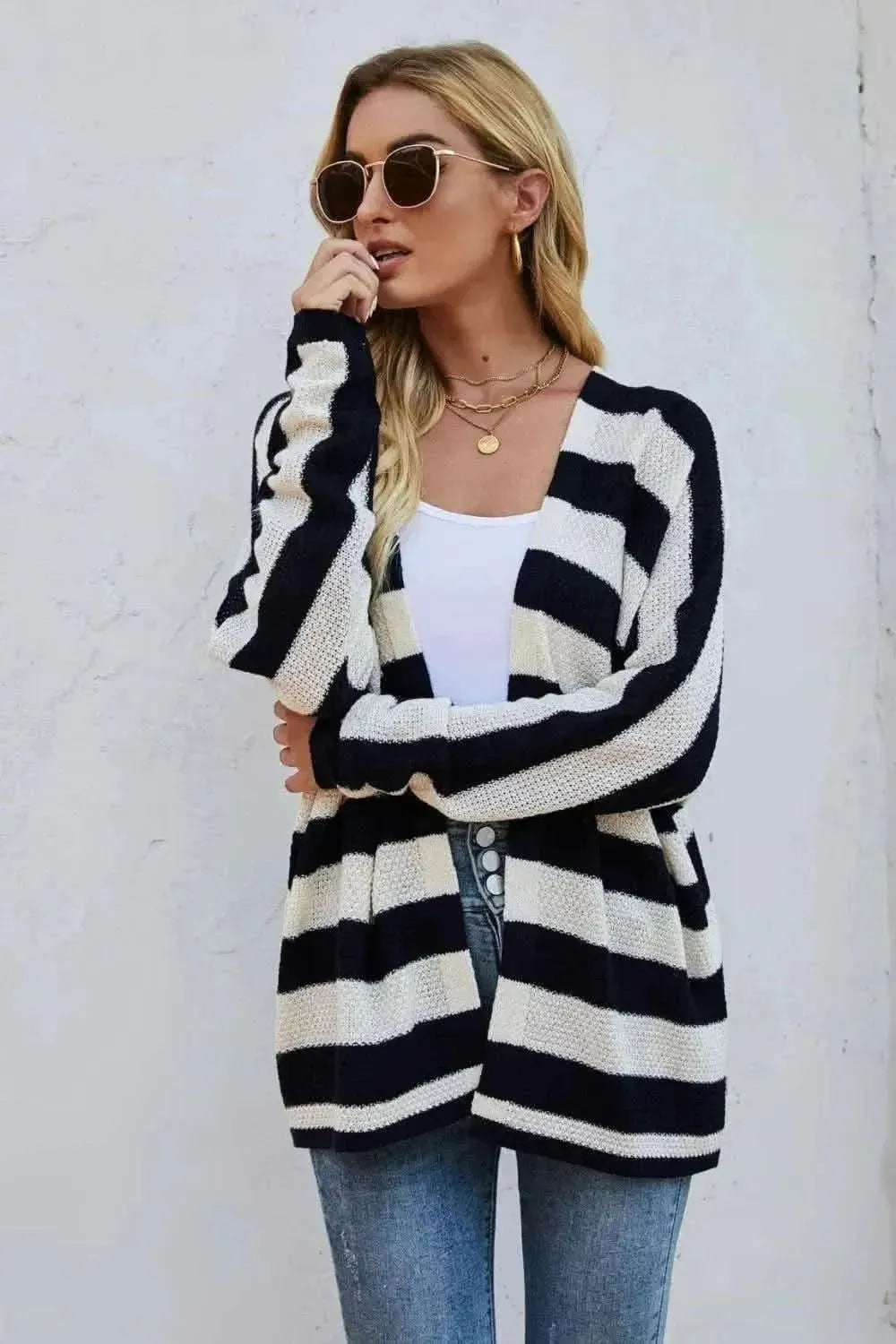 Striped Dolman Sleeve Open Front Cardigan - Bad Moms Club