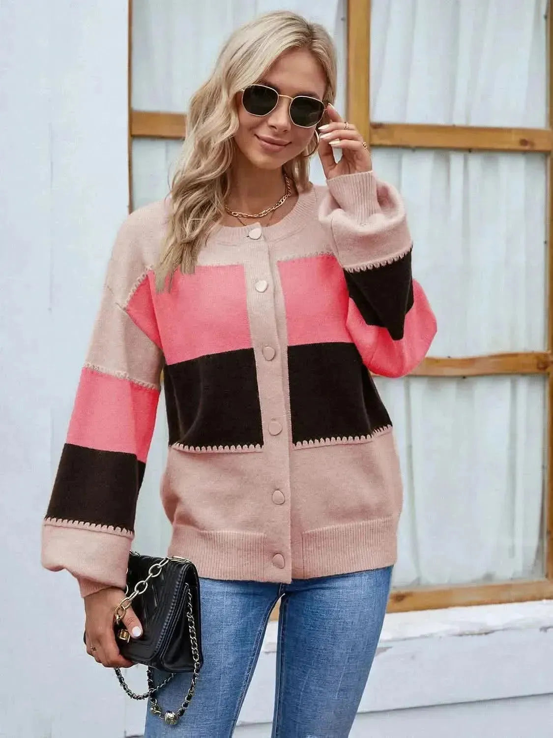 Color Block Button Up Lantern Sleeve Cardigan - Bad Moms Club