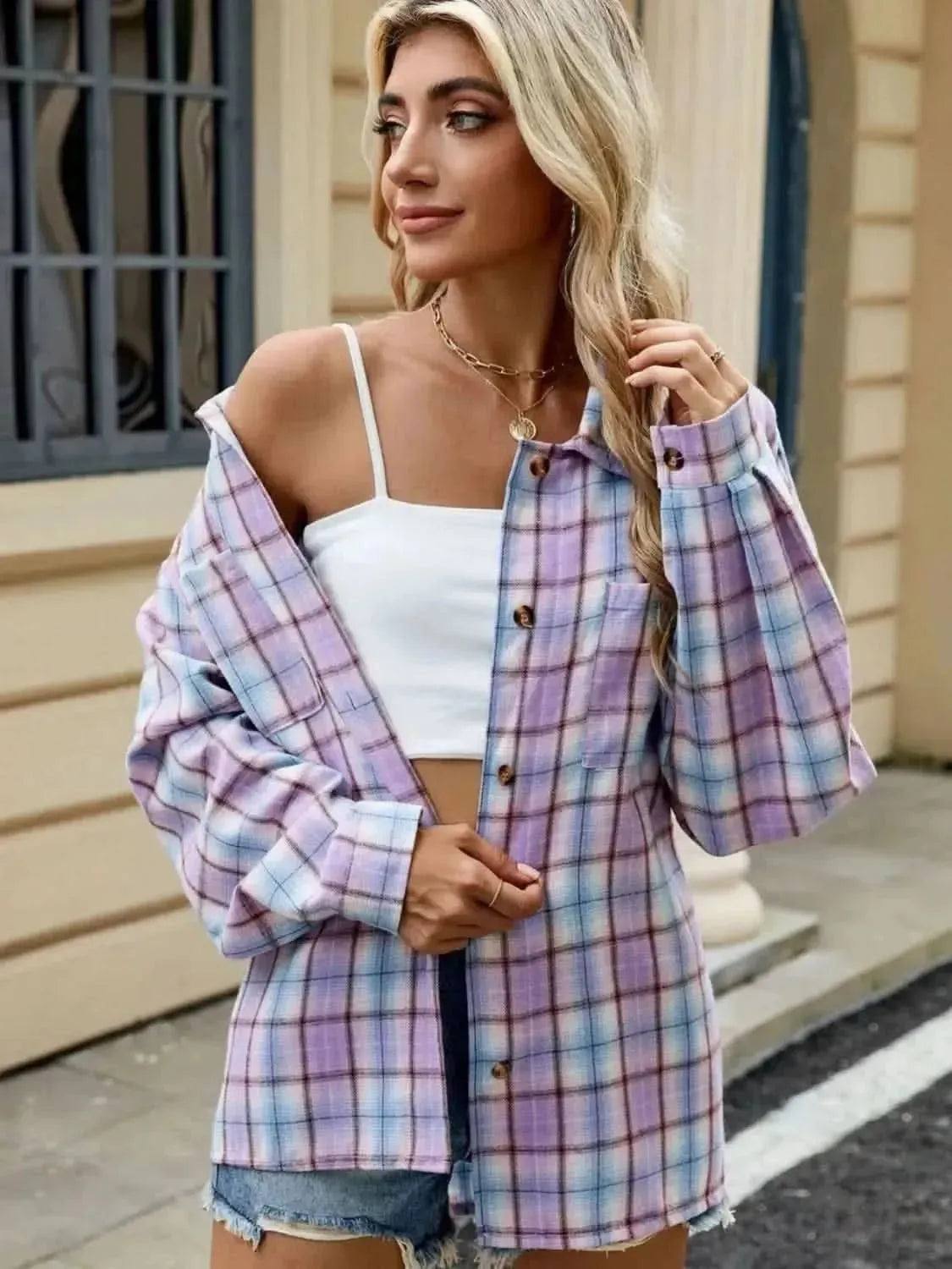 Plaid Collared Neck Long Sleeve Shirt - Bad Moms Club