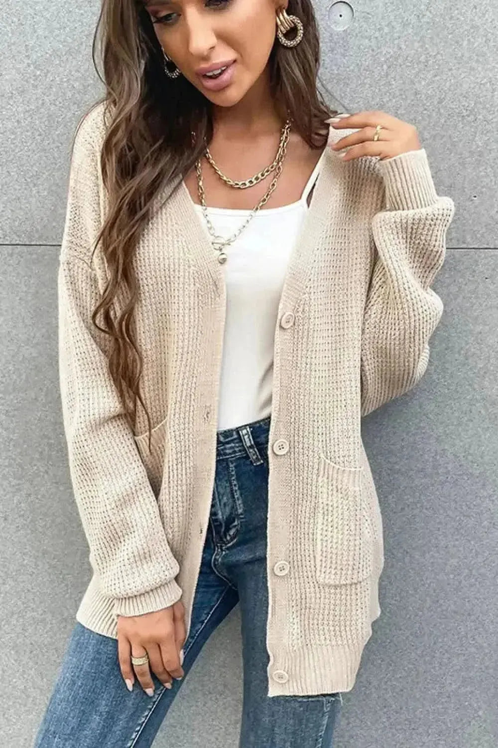 Button Front Drop Shoulder Waffle Cardigan - Bad Moms Club