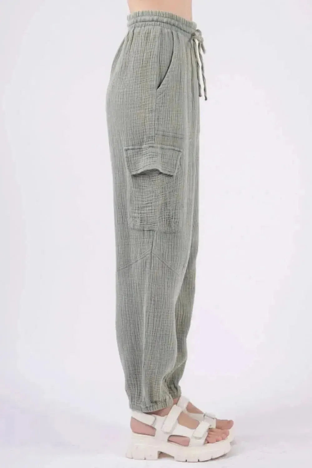 VERY J Washed Woven Crinkle Gauze Drawstring Pants - Bad Moms Club