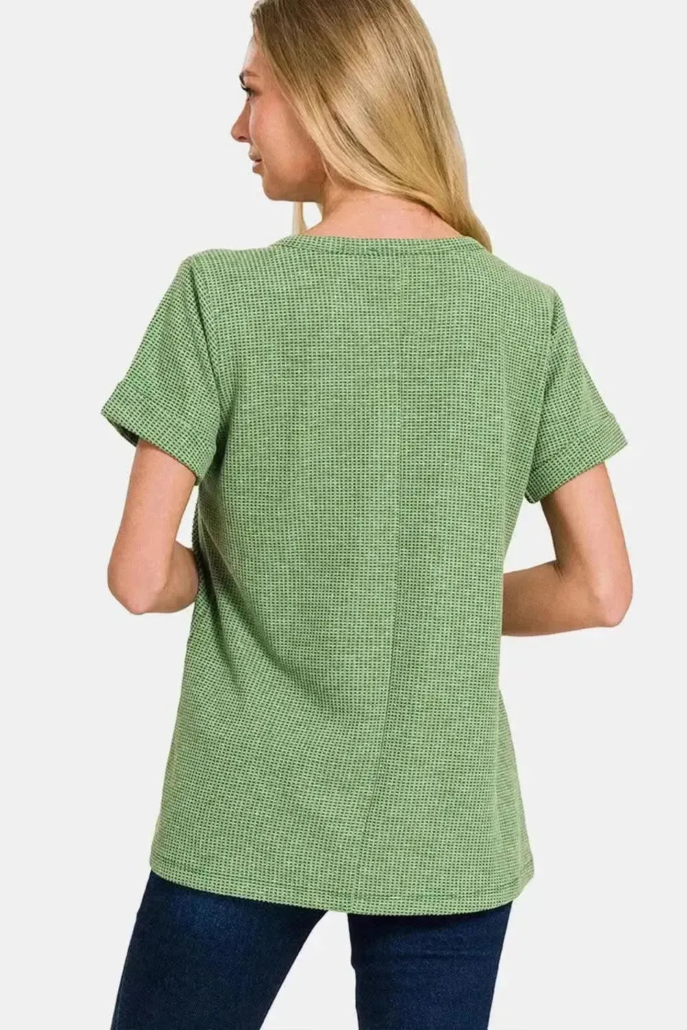 Zenana Waffle Notched Short Sleeve T-Shirt - Bad Moms Club