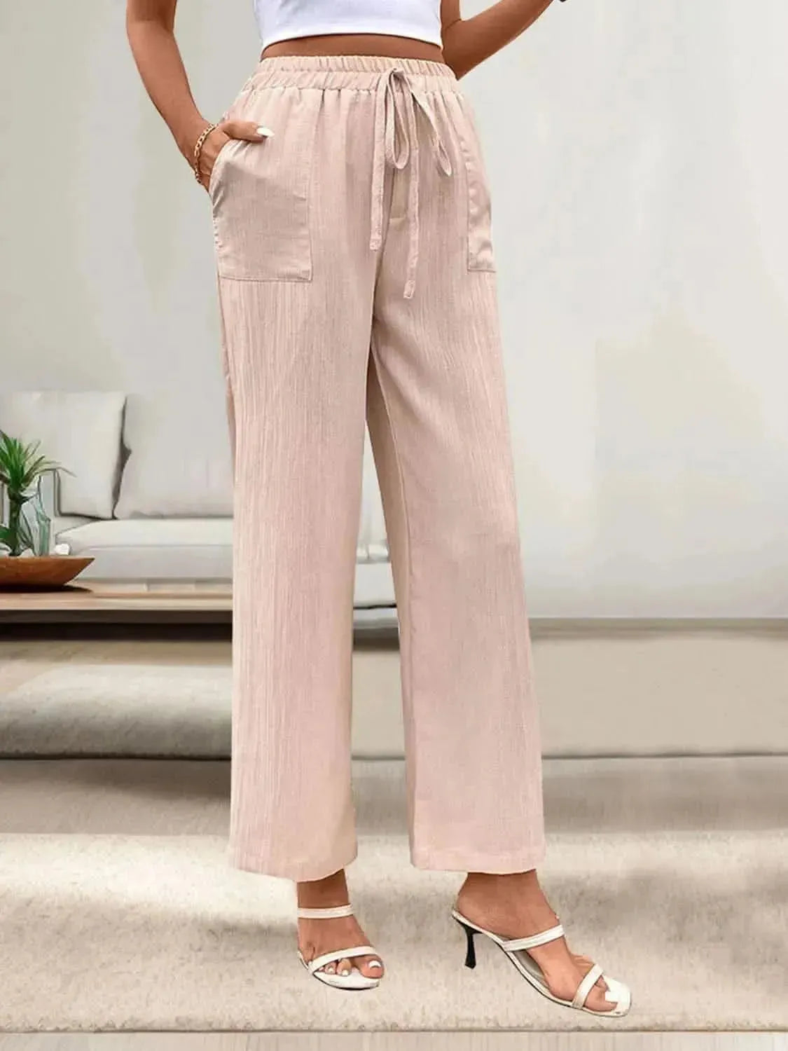 Perfee Tied Wide Leg Pants with Pockets - Bad Moms Club
