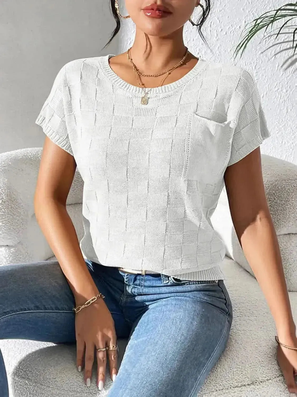 Round Neck Short Sleeve Knit Top - Bad Moms Club