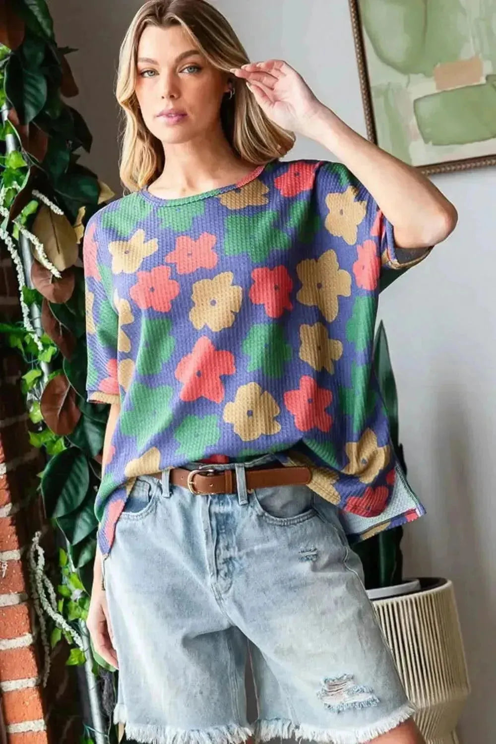 HOPELY Full Size Floral Round Neck Side Slit T-Shirt - Bad Moms Club