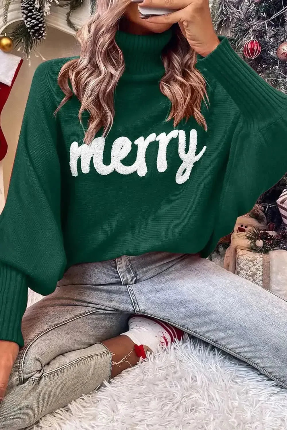 Double Take Full Size Merry Christmas Turtleneck Long Sleeve Sweater - Bad Moms Club