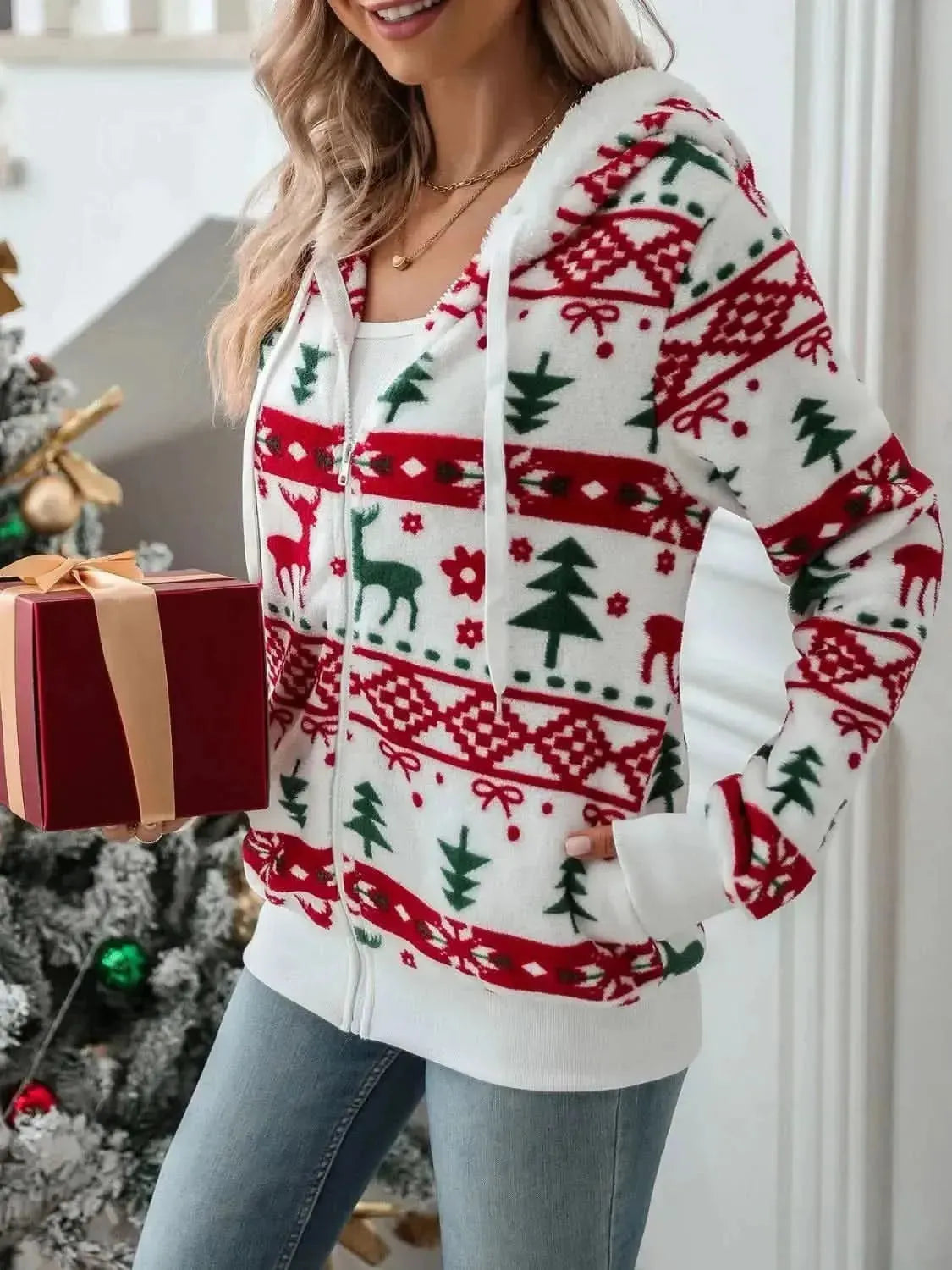 Drawstring Christmas Element Zip Up Hooded Jacket - Bad Moms Club