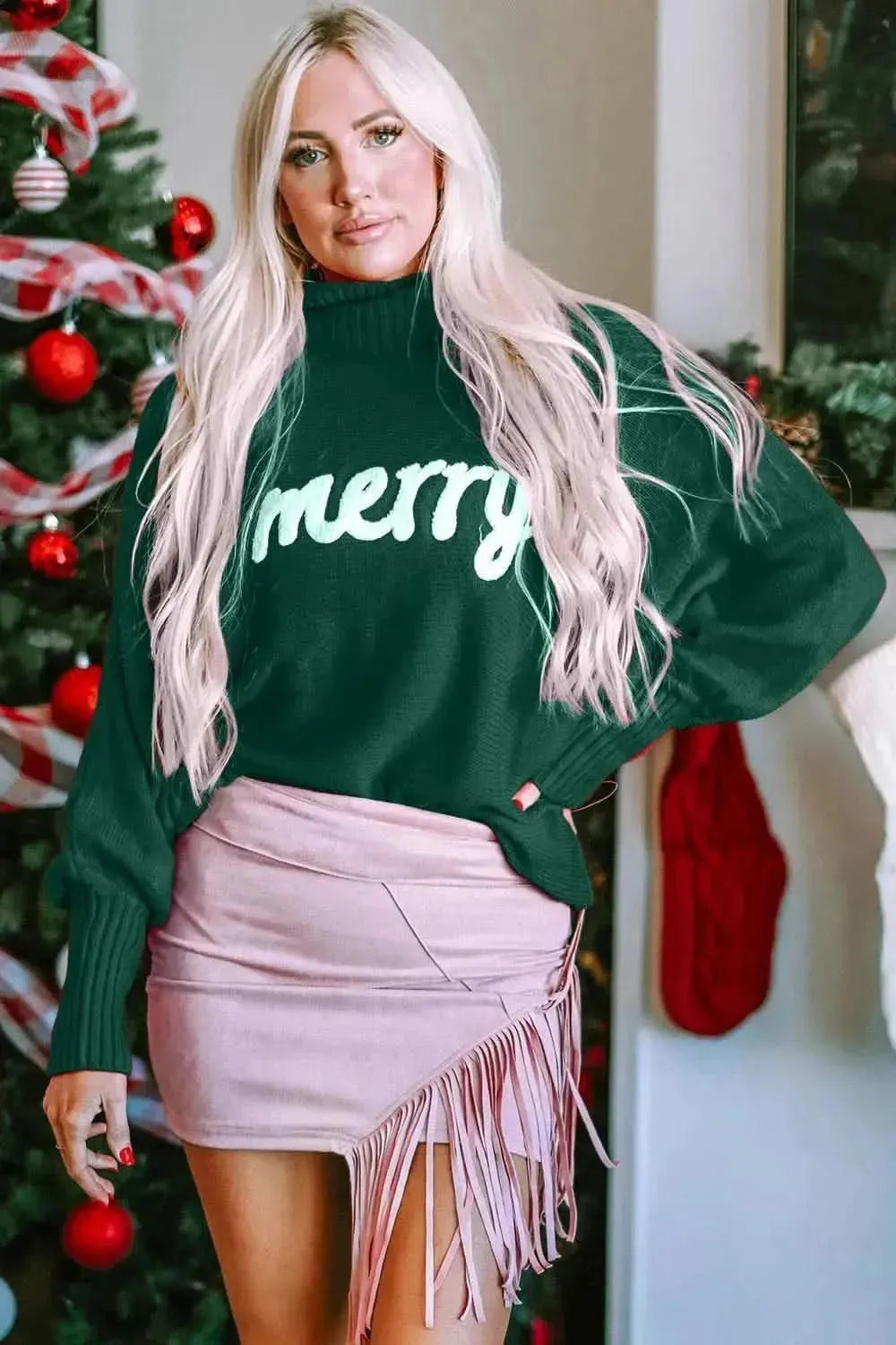 Double Take Full Size Merry Christmas Turtleneck Long Sleeve Sweater - Bad Moms Club