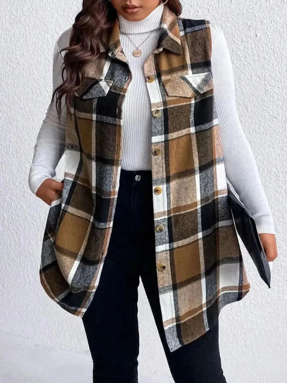 Honey Plus Size Pocketed Plaid Button Up Vest Coat - Bad Moms Club