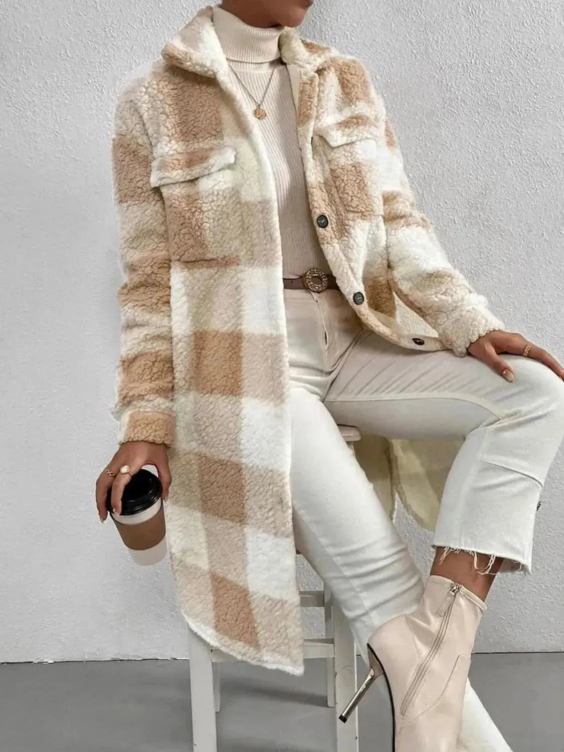 Plaid Collared Neck Button Down Coat - Bad Moms Club