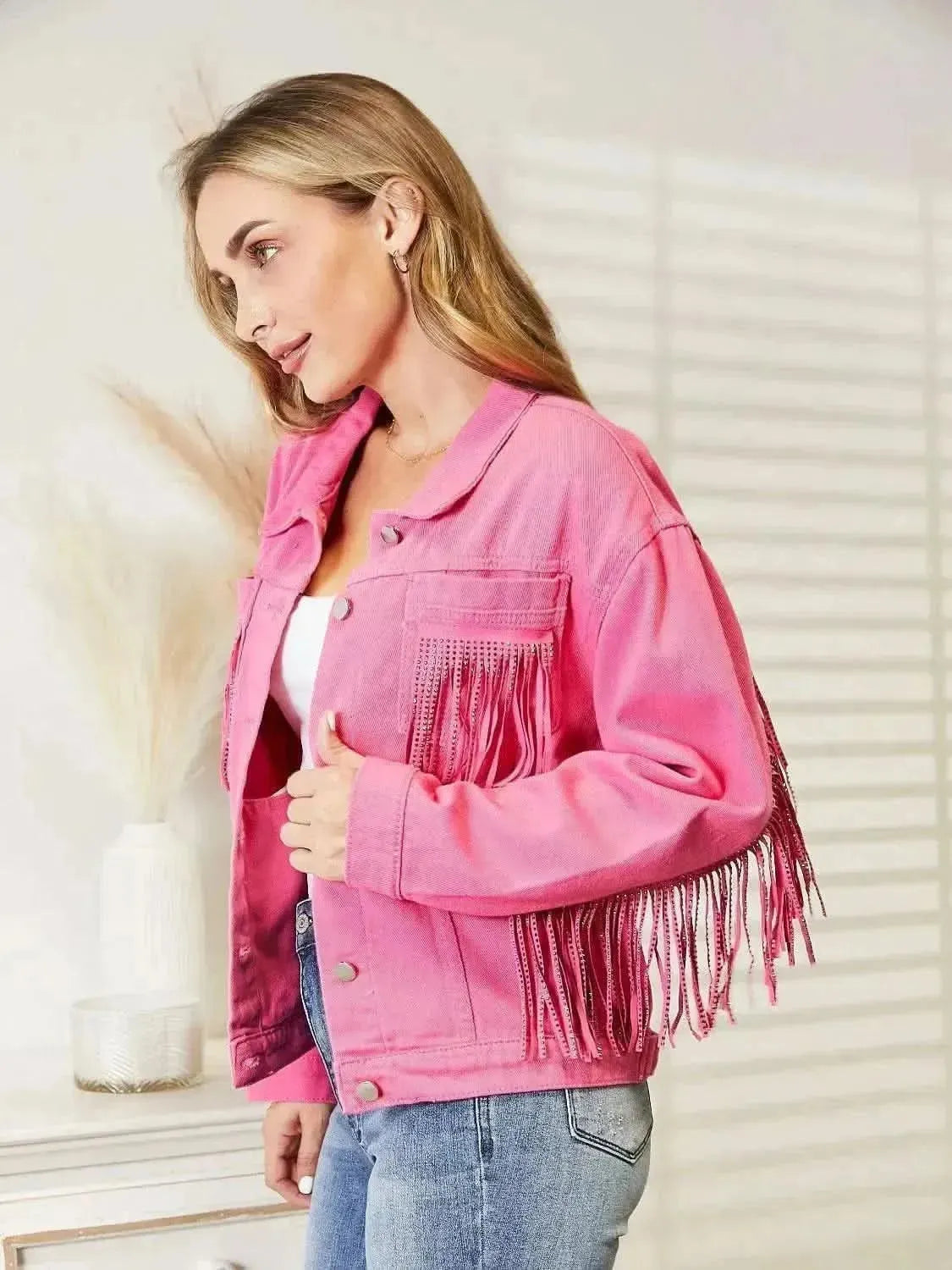 Fringe Detail Dropped Shoulder Denim Jacket - Bad Moms Club