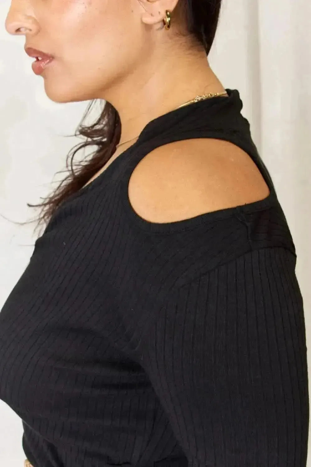 Culture Code Full Size Ribbed Surplice Cold Shoulder Top - Bad Moms Club