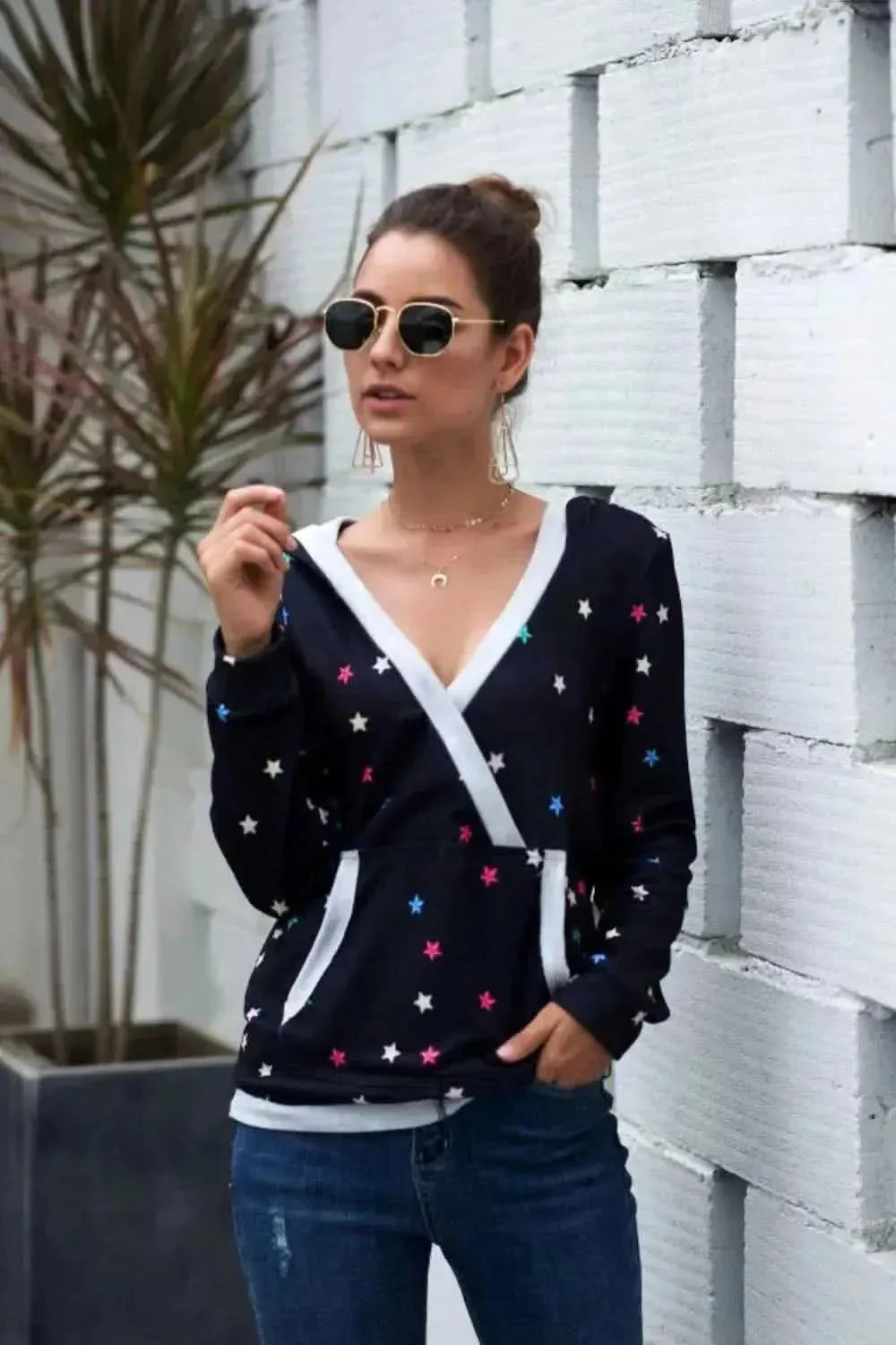 Star Print Kangaroo Pocket Hoodie - Bad Moms Club