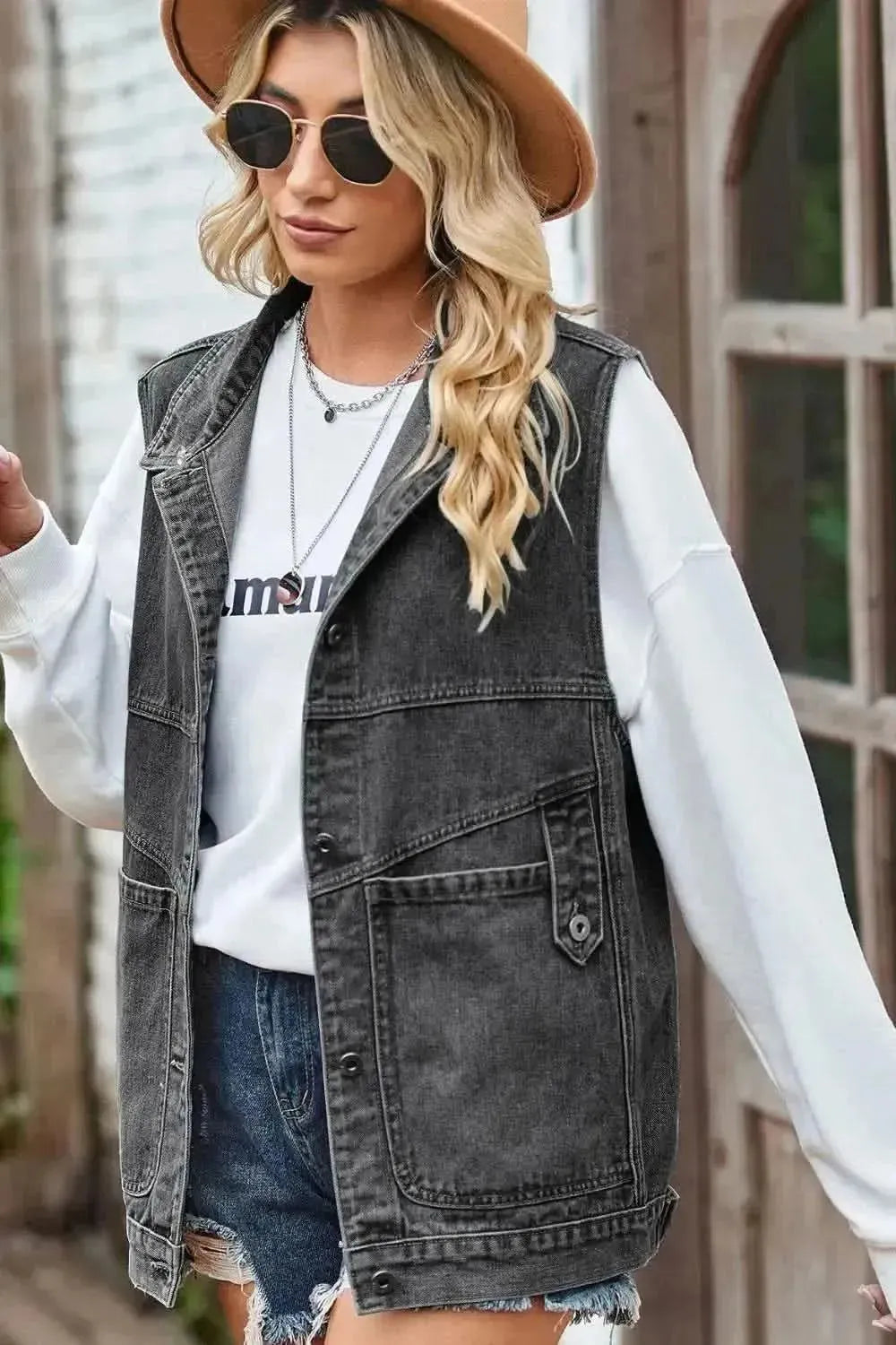 Sleeveless Denim Top with A Detachable Hood - Bad Moms Club