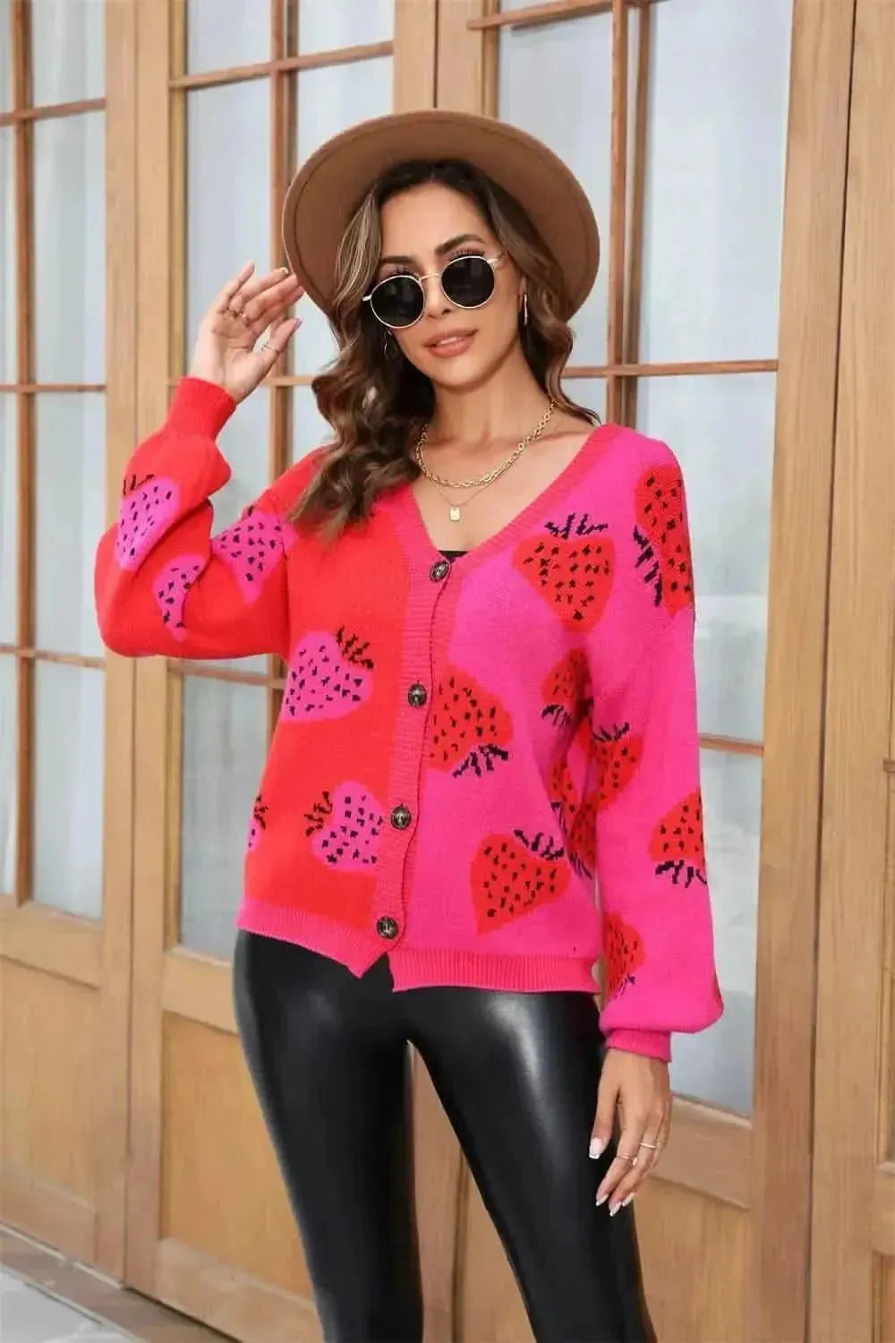 Printed V-Neck Button-Down Long Sleeve Cardigan - Bad Moms Club