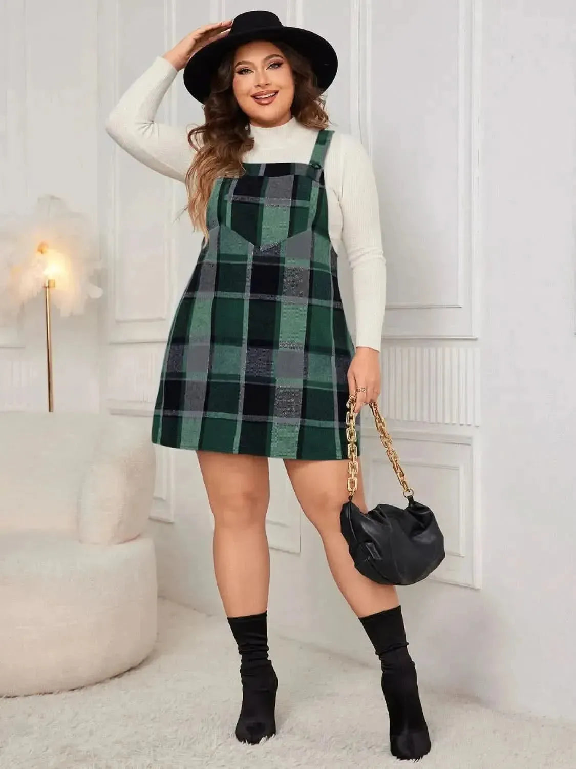 Honey Plus Size Plaid Wide Strap Overall Dress - Bad Moms Club