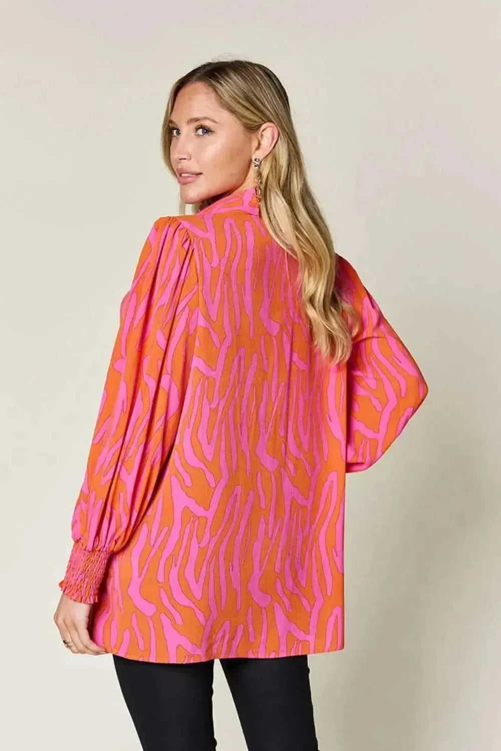 Double Take Full Size Printed Smocked Long Sleeve Blouse - Bad Moms Club