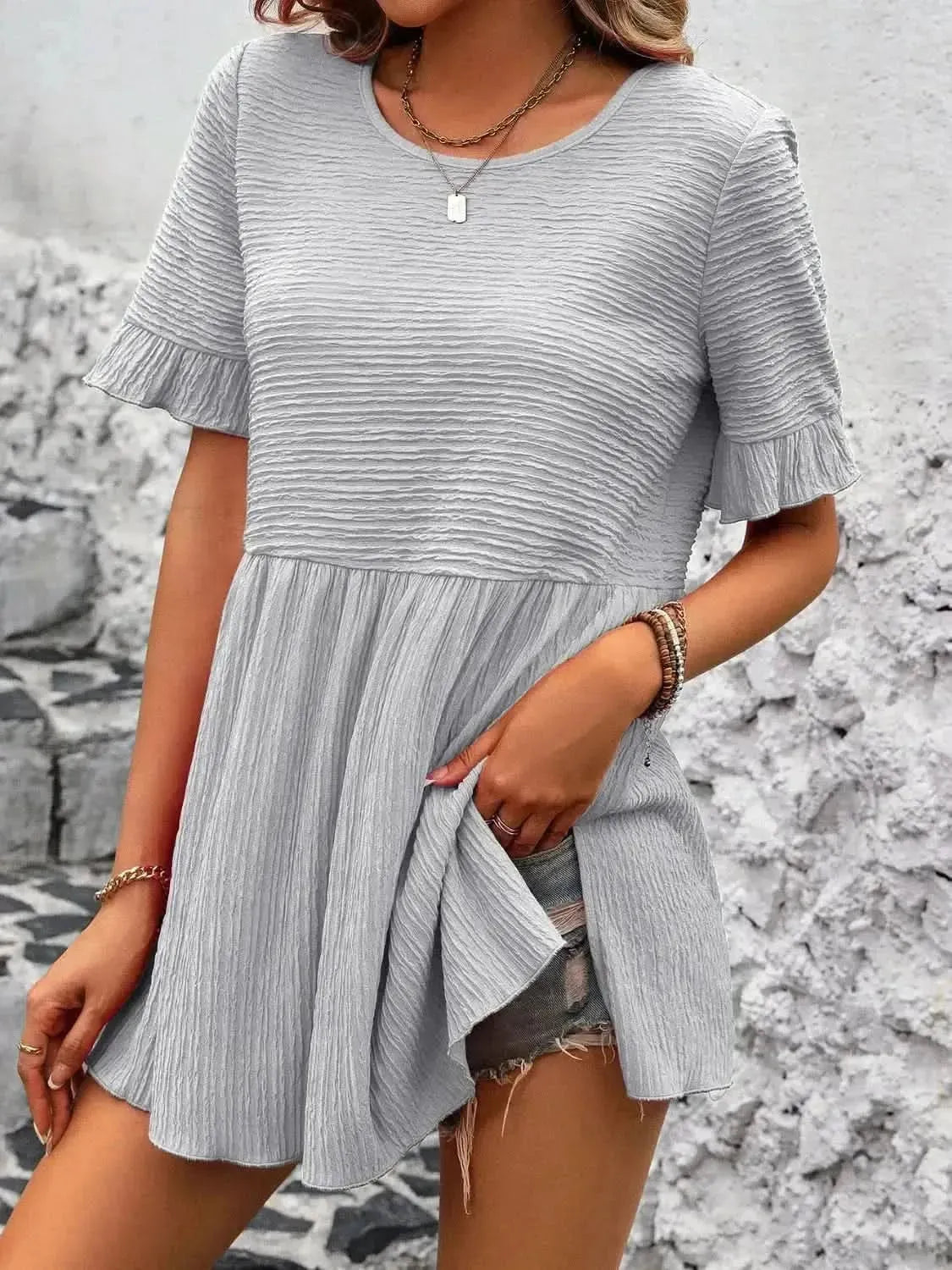 Ivy Lane Round Neck Short Sleeve Blouse - Bad Moms Club