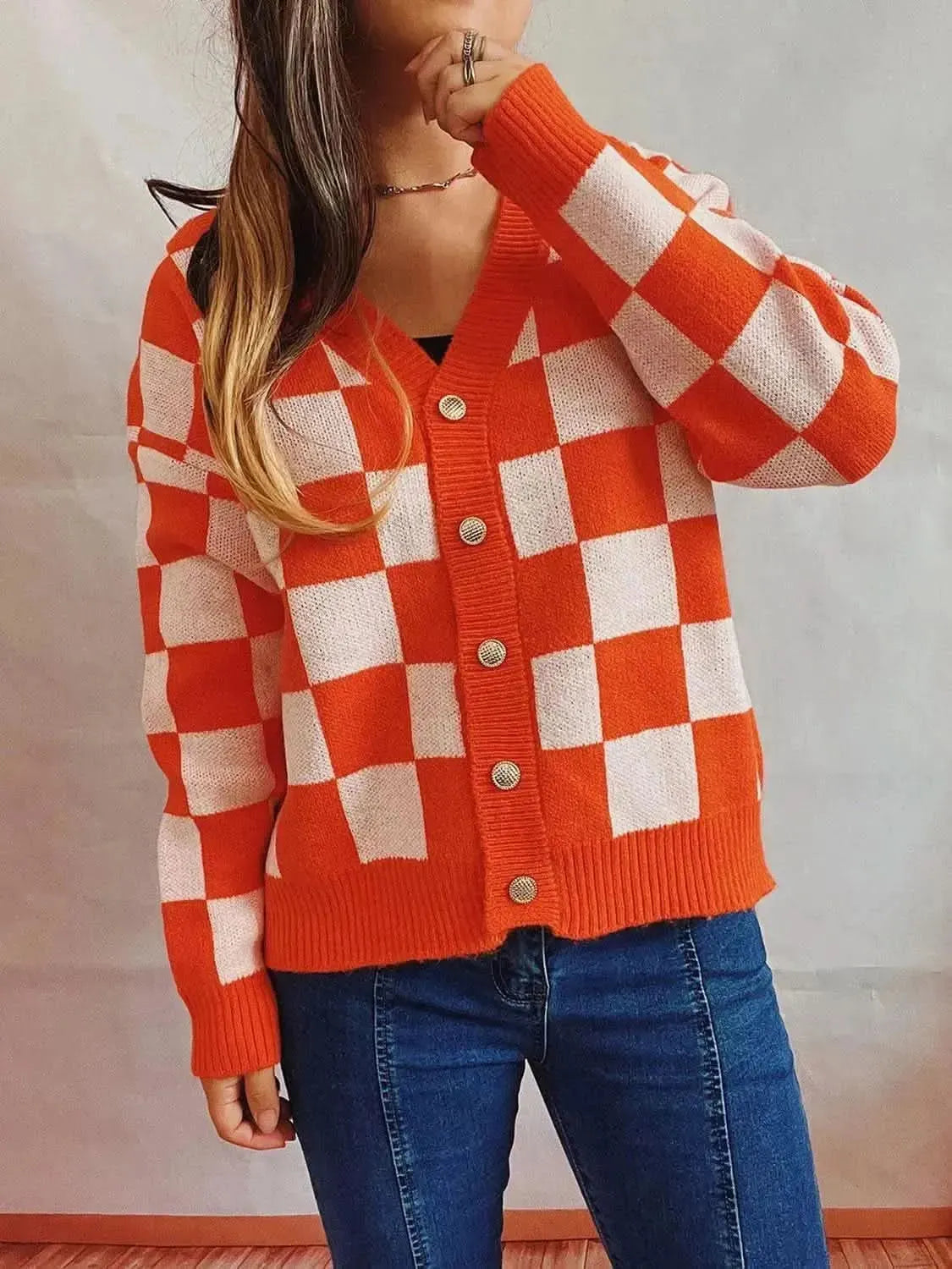 Checkered Open Front Button Up Cardigan - Bad Moms Club