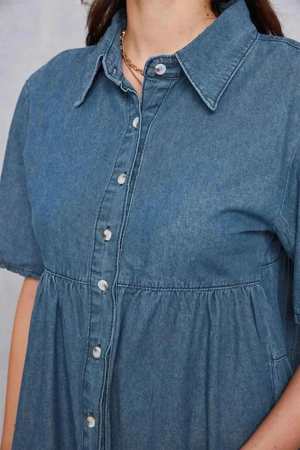 Button Up Collared Neck Tiered Denim Dress - Bad Moms Club