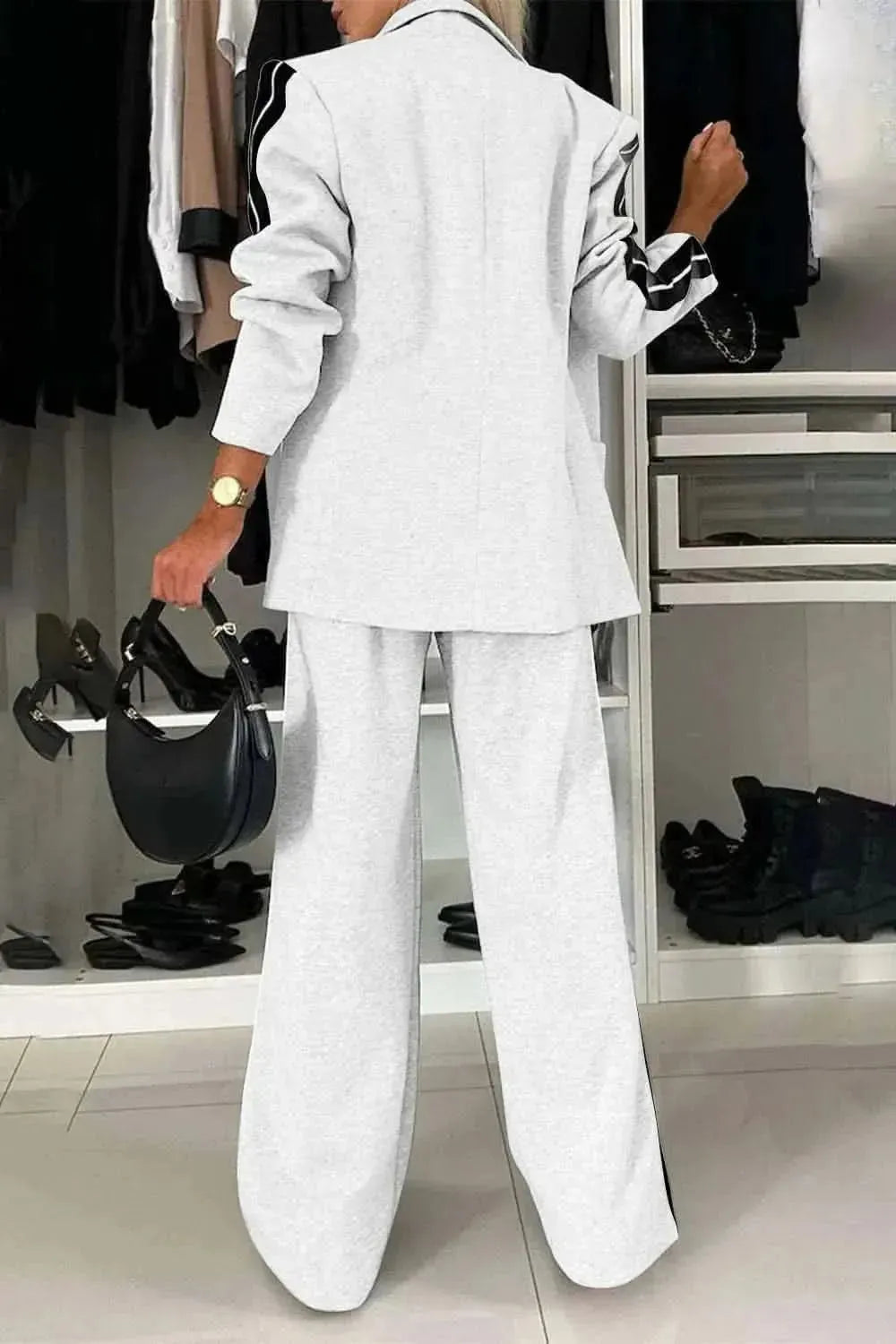 Full Size Contrast Lapel Collar Top and Pants Set - Bad Moms Club