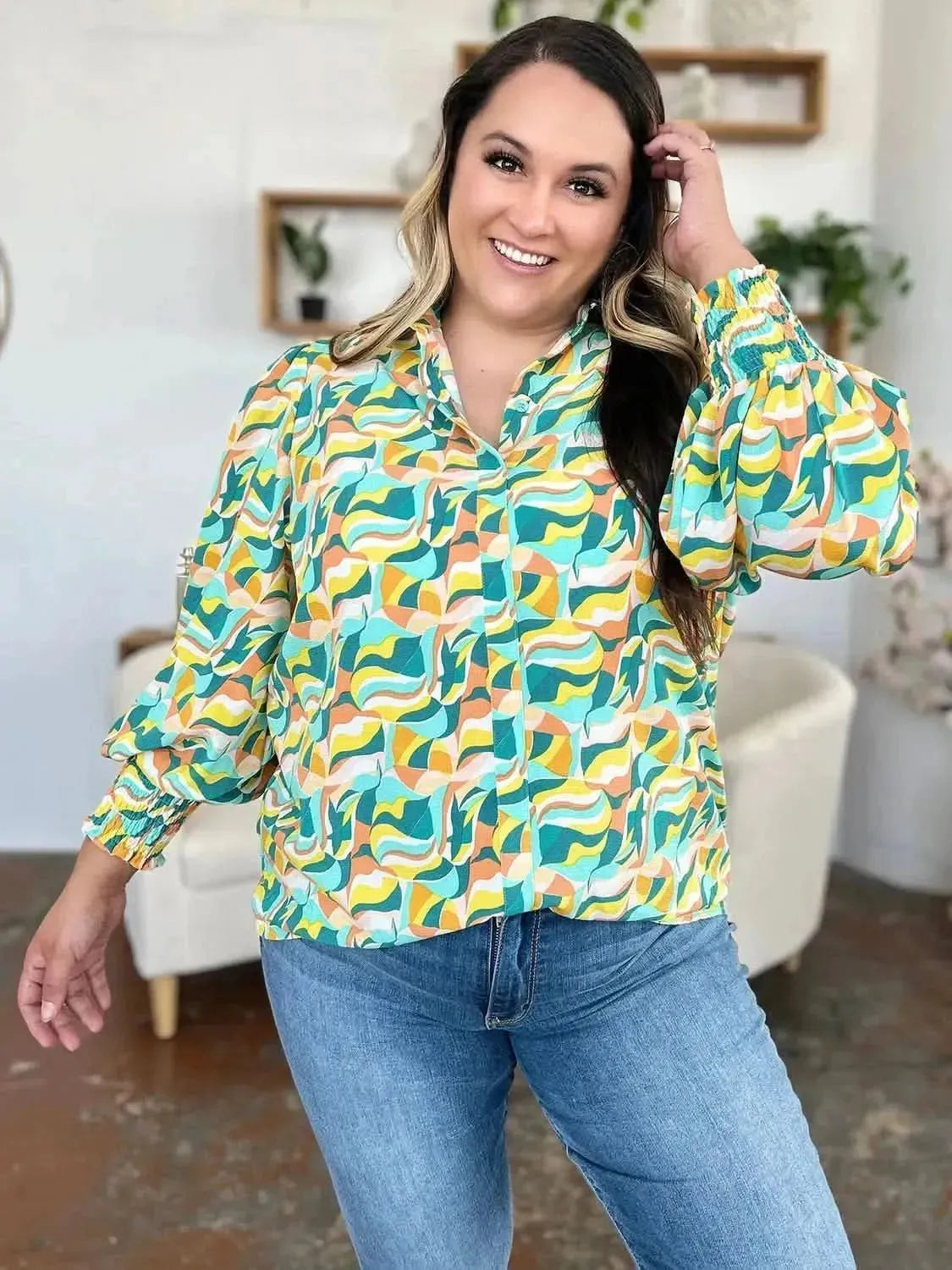 Double Take Full Size Printed Smocked Long Sleeve Blouse - Bad Moms Club