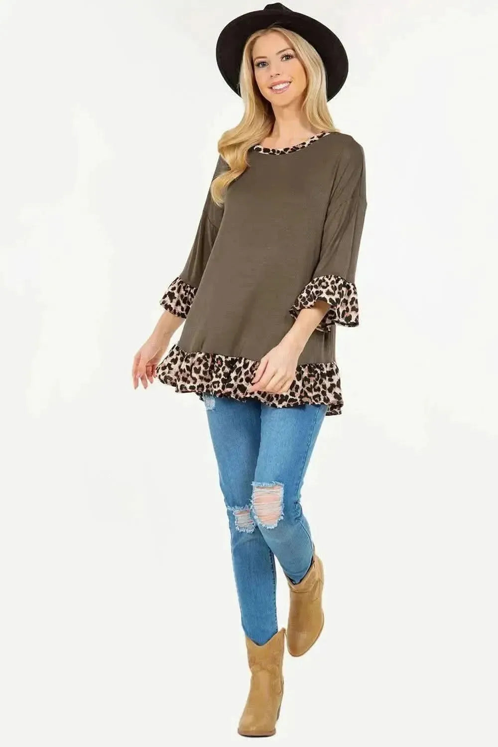 Celeste Full Size Flounce Sleeve Leopard Trim Top - Bad Moms Club