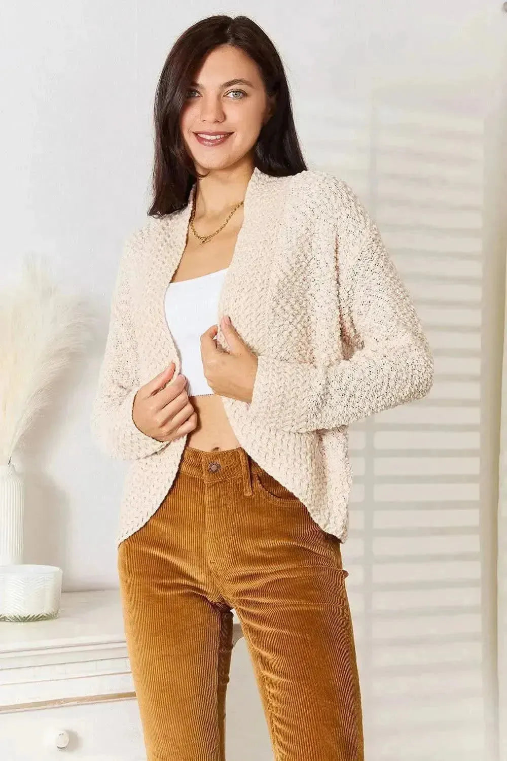 Double Take Open Front Long Sleeve Cardigan - Bad Moms Club