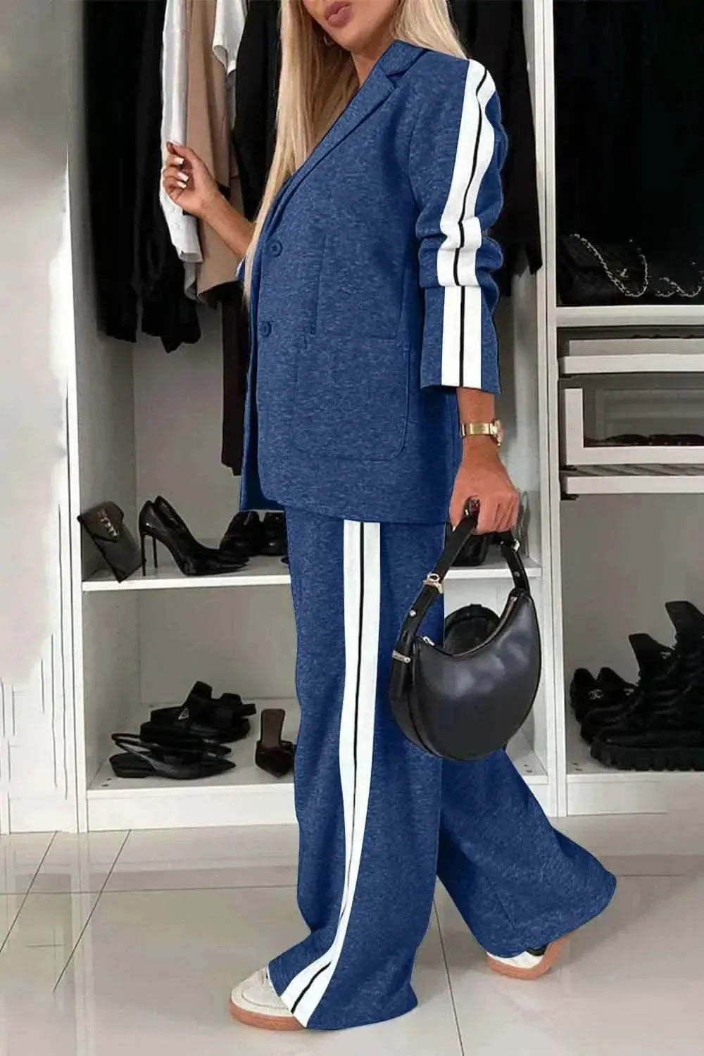 Full Size Contrast Lapel Collar Top and Pants Set - Bad Moms Club
