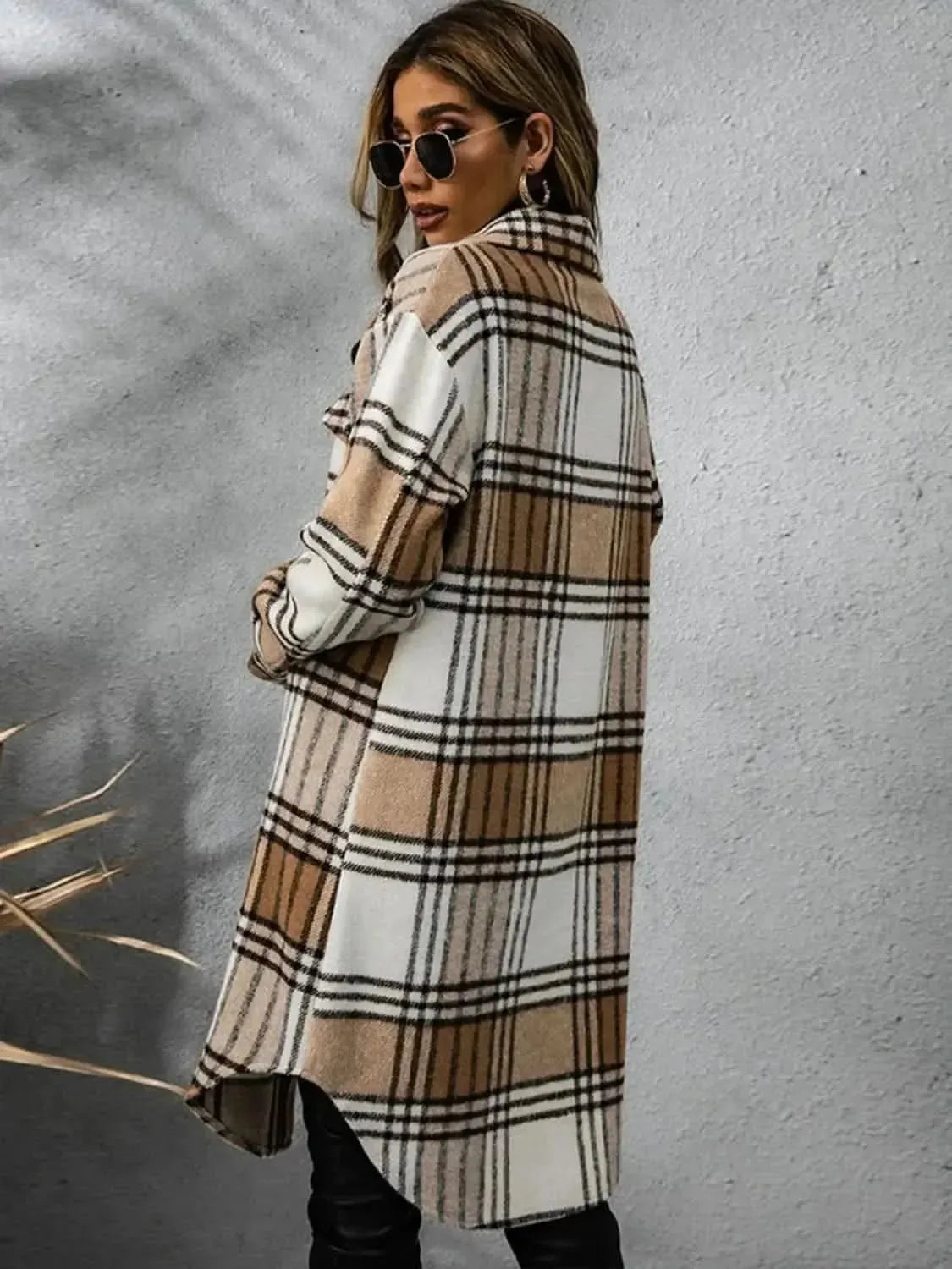 Plaid Collared Neck Long Sleeve Coat - Bad Moms Club
