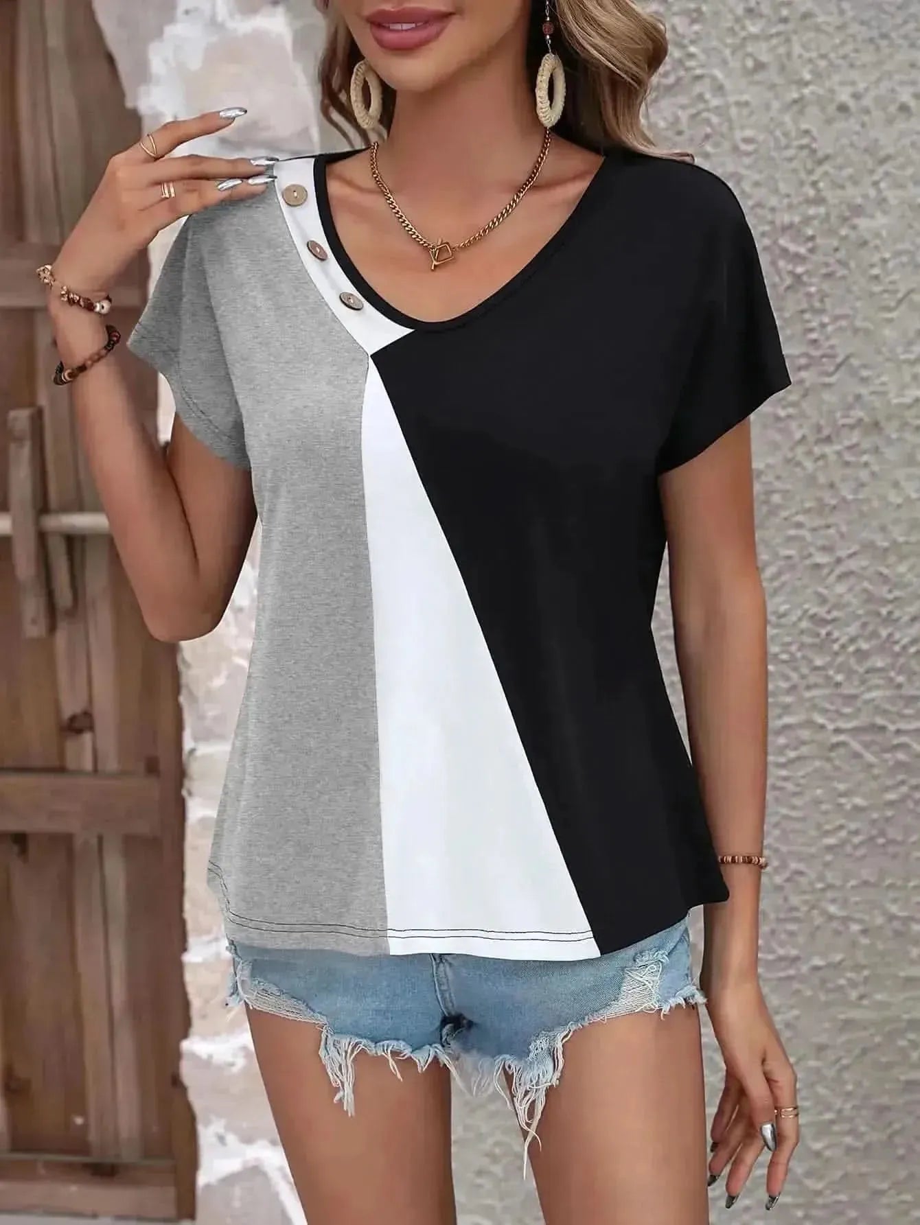 Ivy Lane Color Block Decorative Button V-Neck Tee - Bad Moms Club