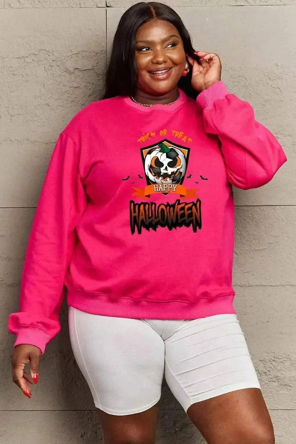 Simply Love Full Size TRICK OR TREAT HAPPY HALLOWEEN Graphic Sweatshirt - Bad Moms Club