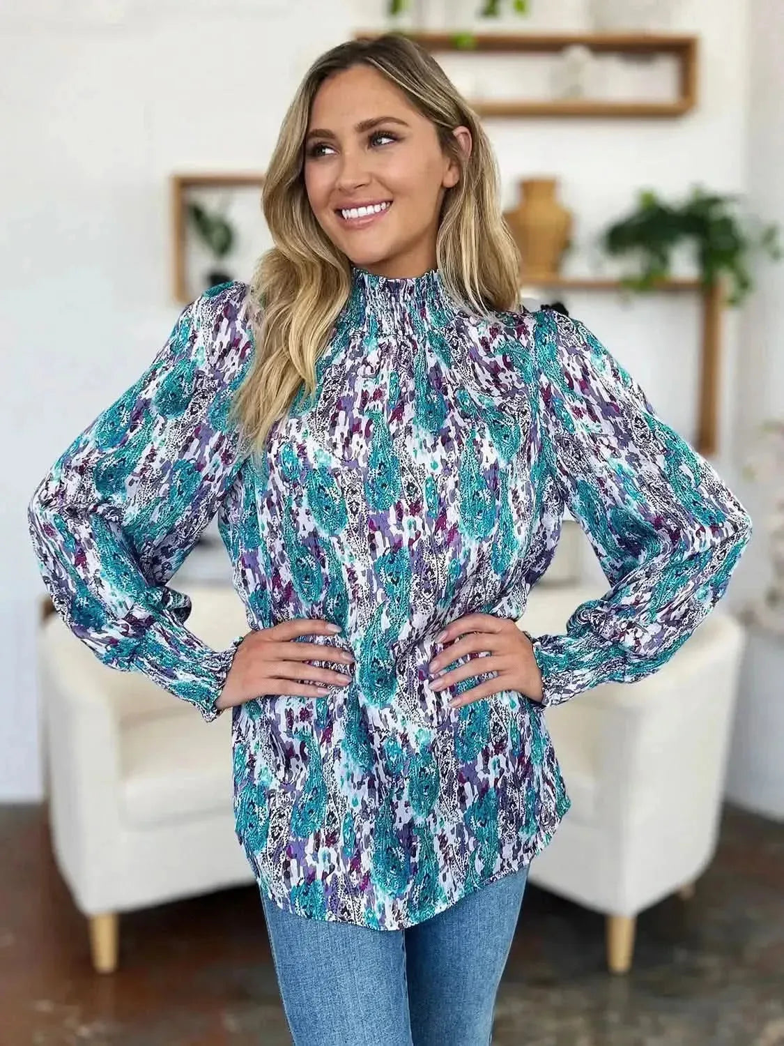 Double Take Full Size Printed Smocked Long Sleeve Blouse - Bad Moms Club
