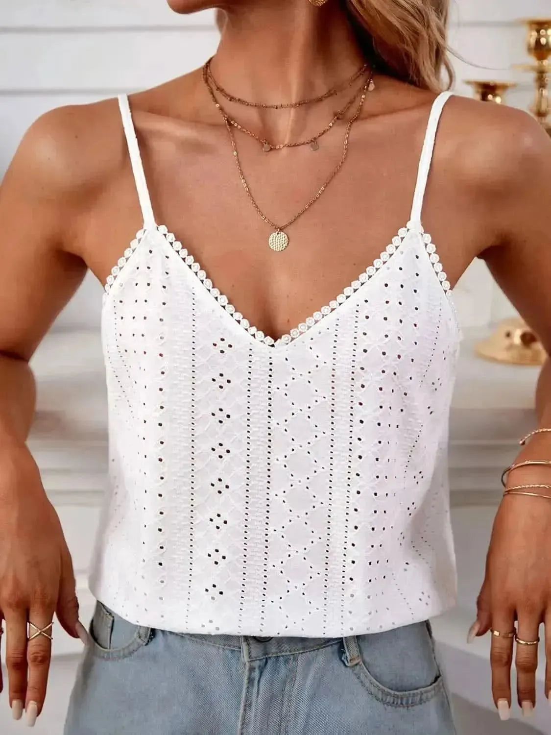 Eyelet Lace Detail V-Neck Cami - Bad Moms Club