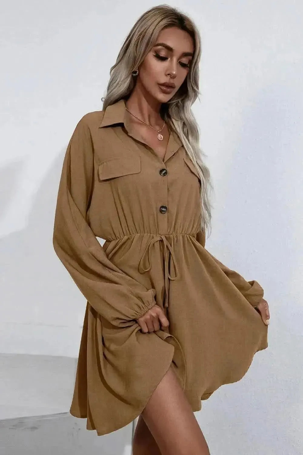 Ivy Lane Collared Tie Waist Button Up Shirt Dress - Bad Moms Club
