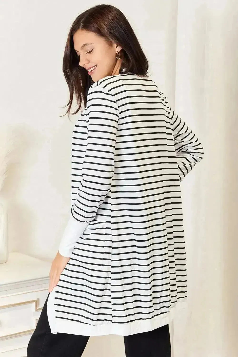 Double Take Striped Open Front Longline Cardigan - Bad Moms Club