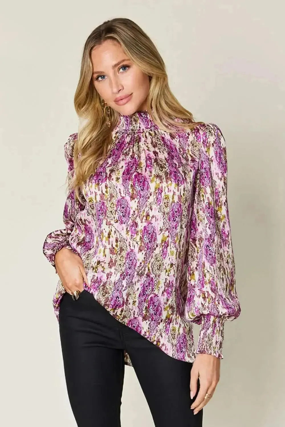 Double Take Full Size Printed Smocked Long Sleeve Blouse - Bad Moms Club