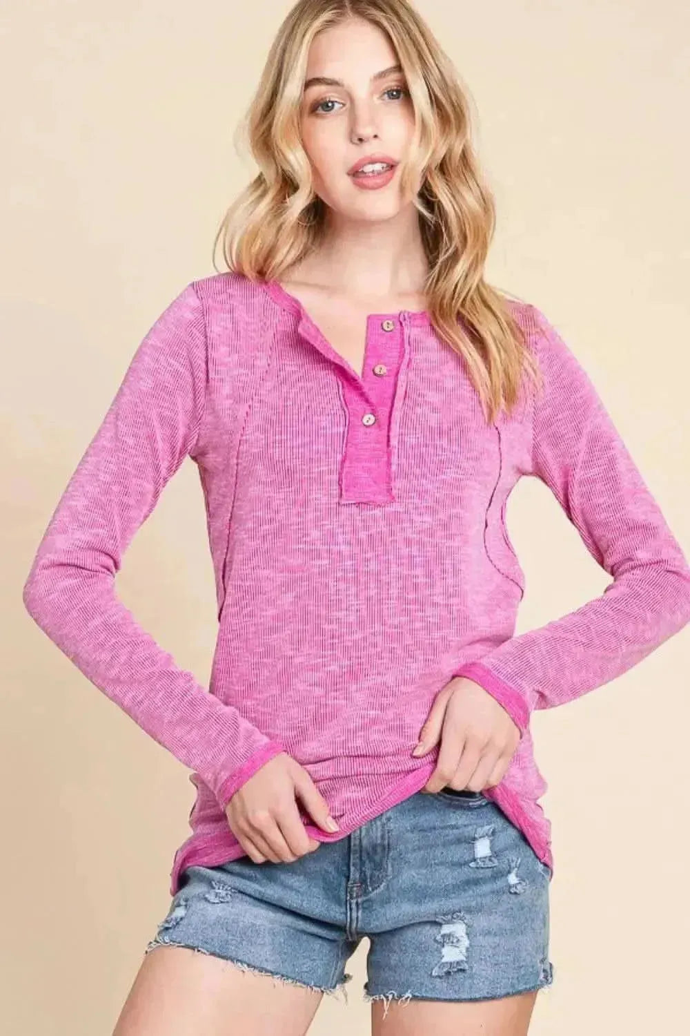 Reborn J Contrast Trim Half Button Long Sleeve T-Shirt - Bad Moms Club