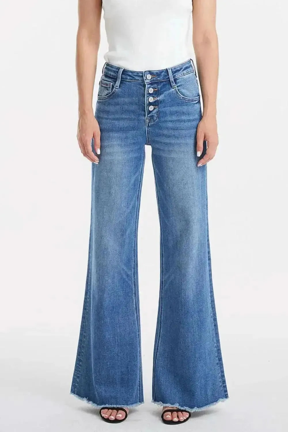BAYEAS Full Size High Waist Button-Fly Raw Hem Wide Leg Jeans - Bad Moms Club