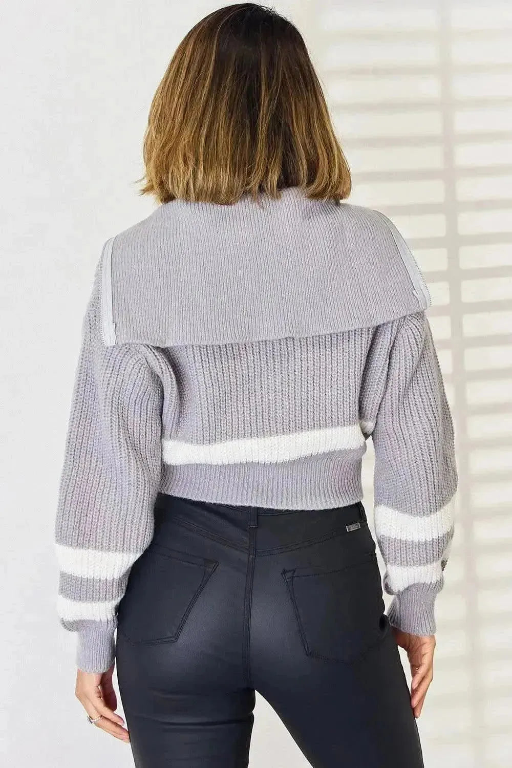 Striped Zip Up Dropped Shoulder Cardigan - Bad Moms Club