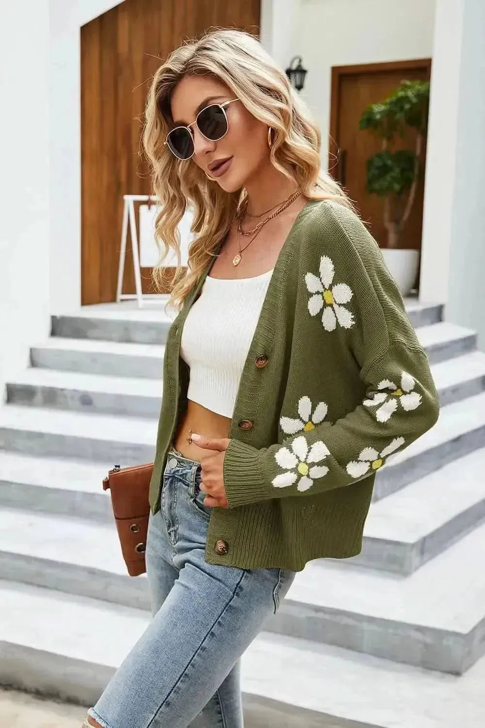 Flower Pattern Button Front Cardigan - Bad Moms Club