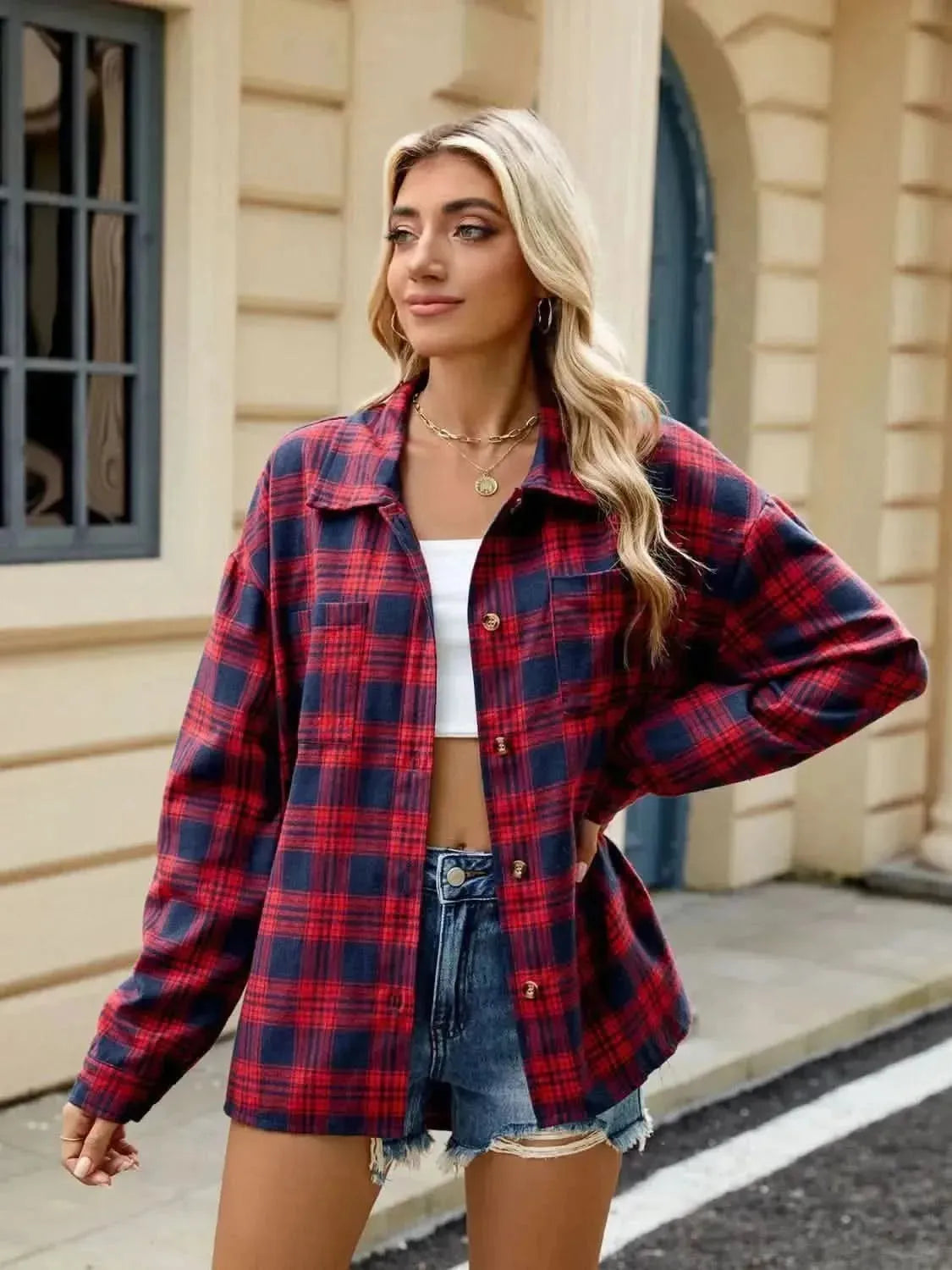 Plaid Collared Neck Long Sleeve Shirt - Bad Moms Club