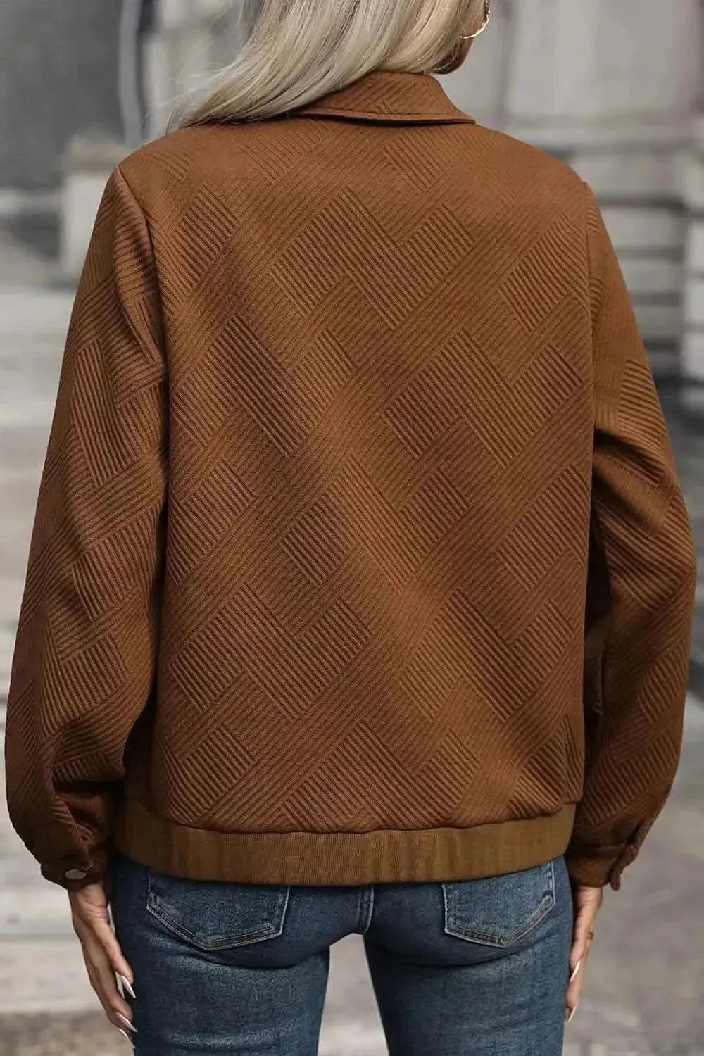 Textured Zip Up Collared Neck Jacket - Bad Moms Club