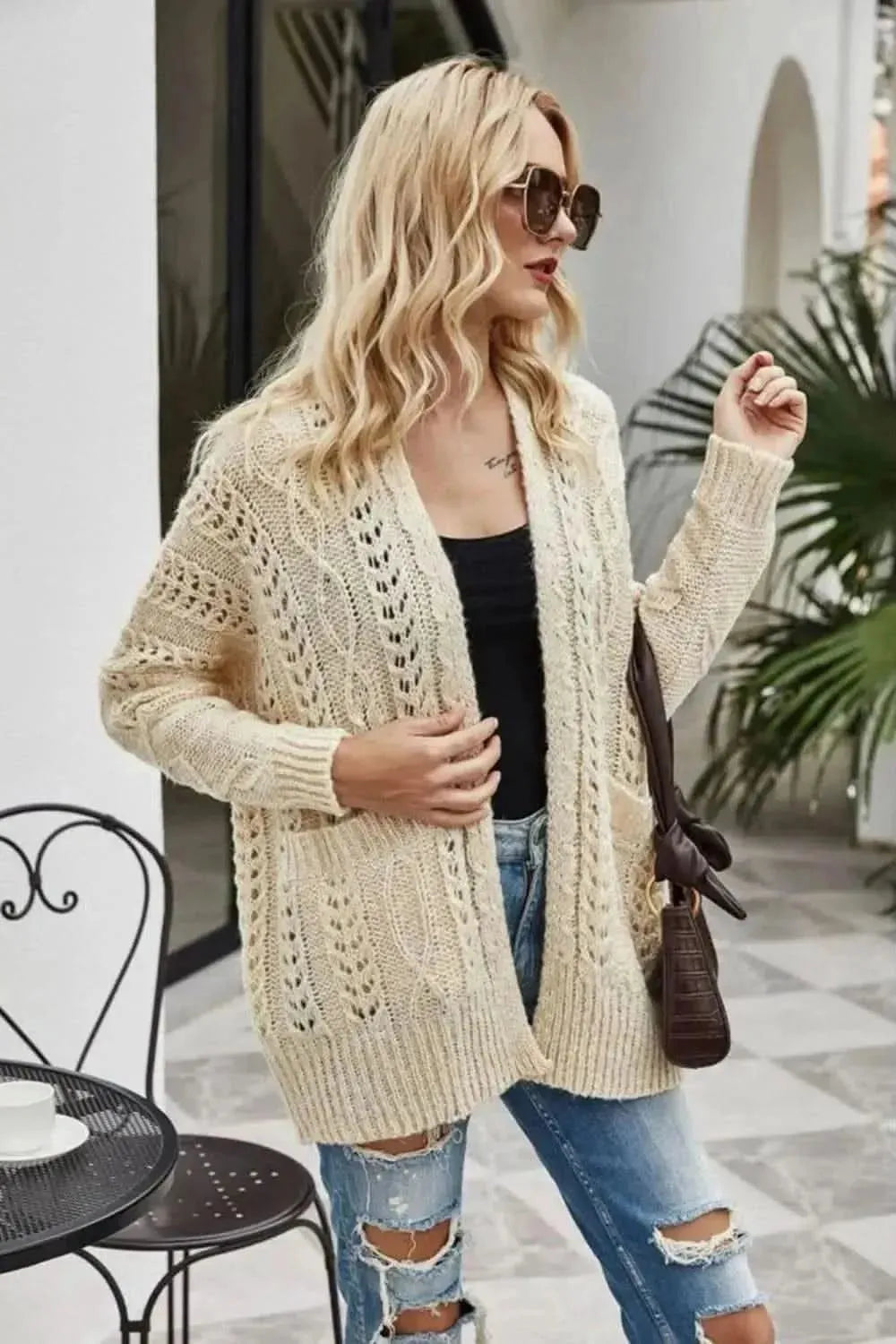 Ribbed Trim Openwork Open Front Cardigan - Bad Moms Club
