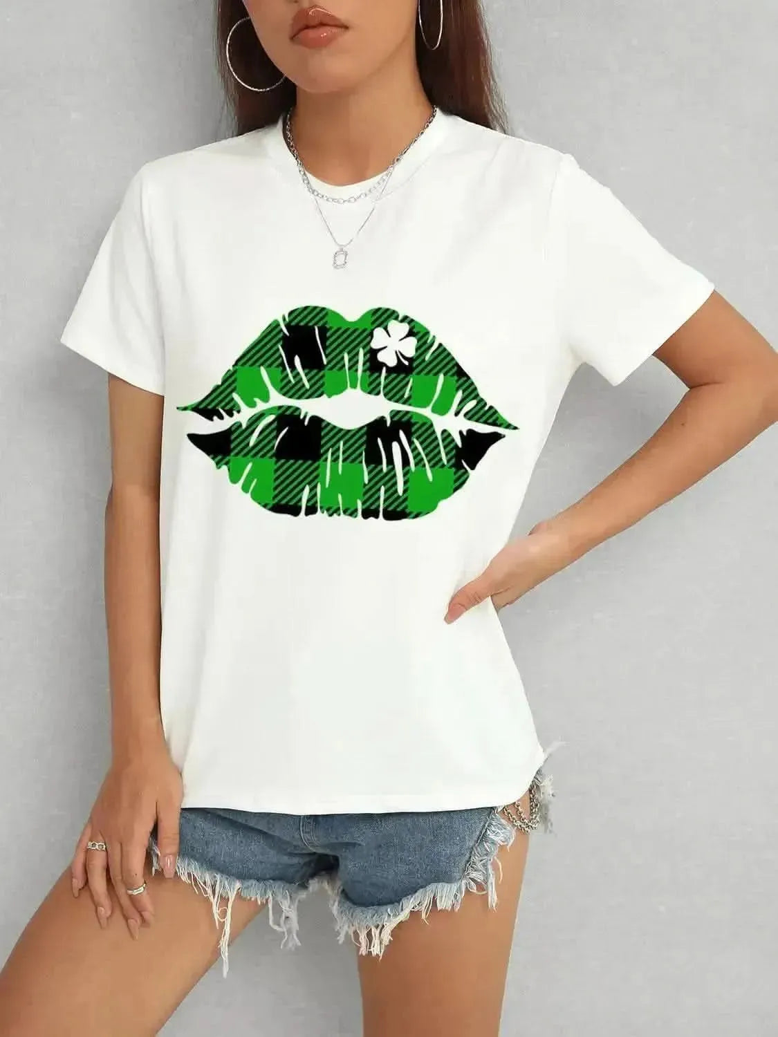 Plaid Lip Graphic Round Neck T-Shirt - Bad Moms Club
