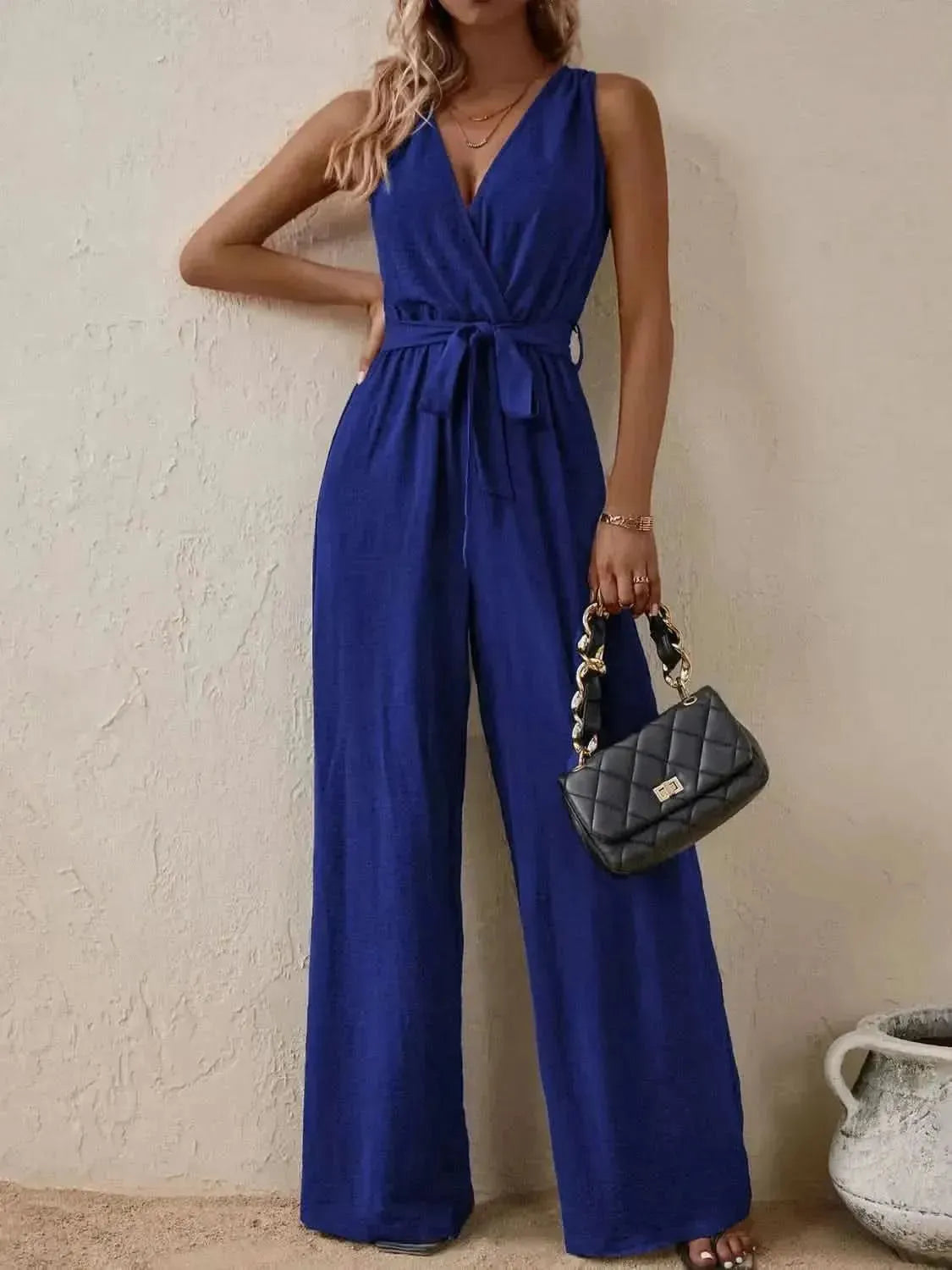 Honey Tied Surplice Sleeveless Wide Leg Jumpsuit - Bad Moms Club