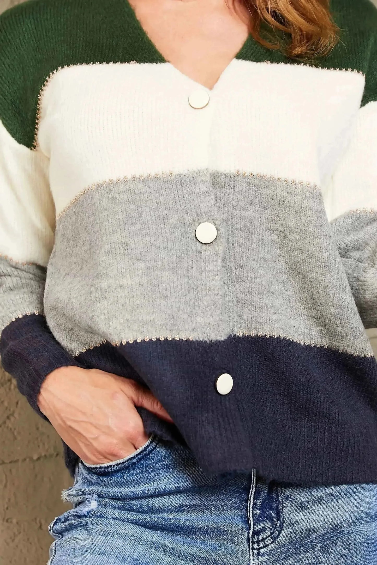Woven Right Color Block V-Neck Button Down Cardigan - Bad Moms Club
